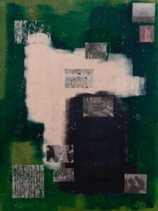 An abstract mixed-media painting featuring large, textured fields of deep green, white, and dark blue paint with small, grainy photographic transfers embedded across the surface.