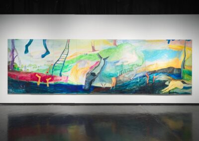 Detail view of Viendo el Monte Calvario by Lucía Vidales, a 30-foot multi-panel painting shown at NADA Miami 2025. The dreamlike landscape depicts floating figures, a ladder ascending into a luminous sky, trees, and a dark river below, painted in vivid blues, greens, reds, and yellows.